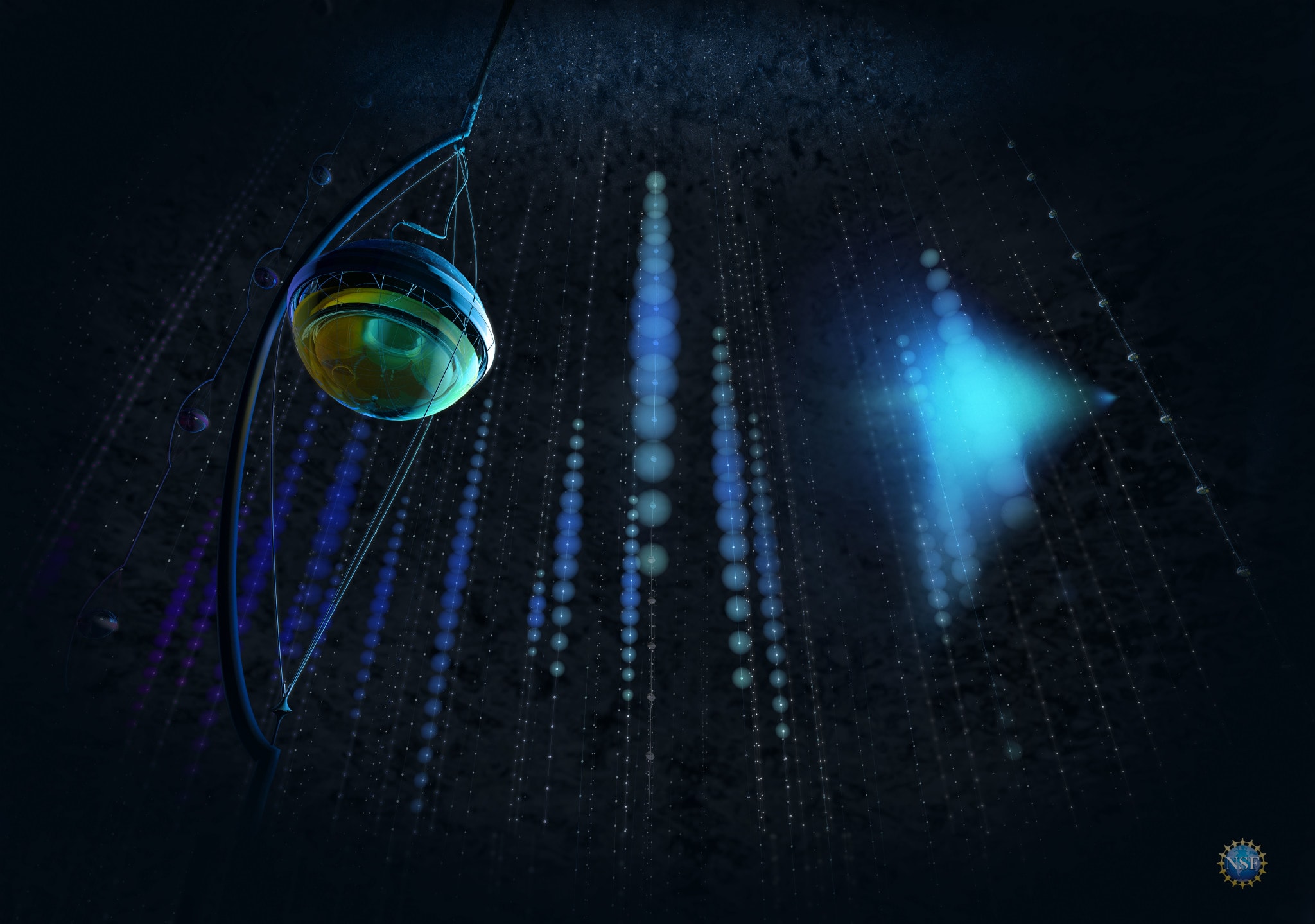 Illustration of the IceCube detector array and a blue glow, supplied by Ludwig Neste.